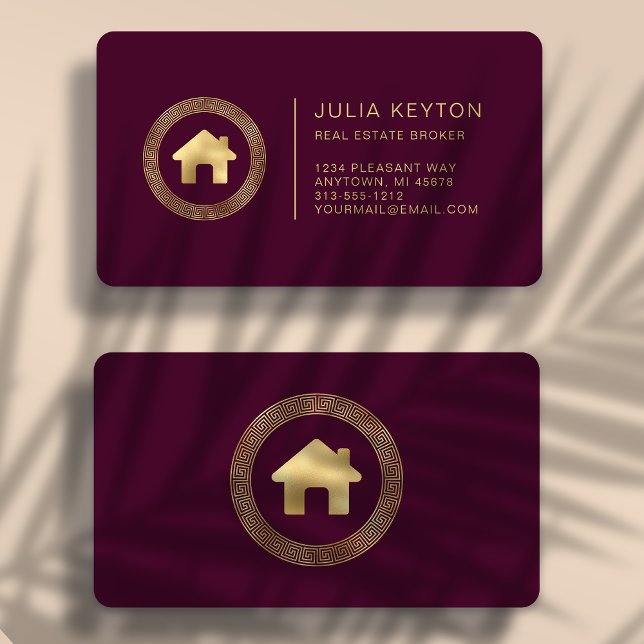 Real Estate House Logo Burgundy Gold Rounded Business Card (Creator Uploaded)