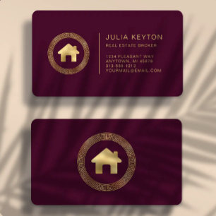 Real Estate House Logo Burgundy Gold Rounded Business Card