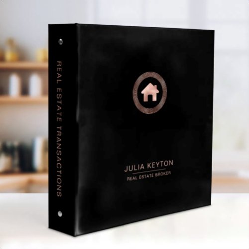 Real Estate House Logo Greek Key Black Rose Gold 3 Ring Binder
