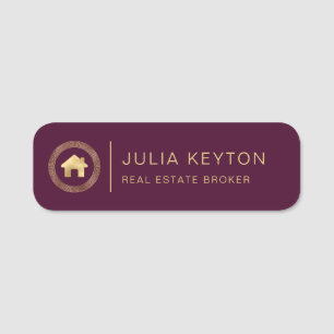 Real Estate House Logo Greek Key Burgundy Gold Name Tag