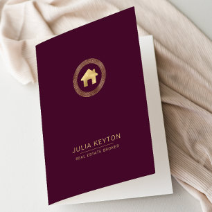 Real Estate House Logo Greek Key Burgundy Gold  Pocket Folder