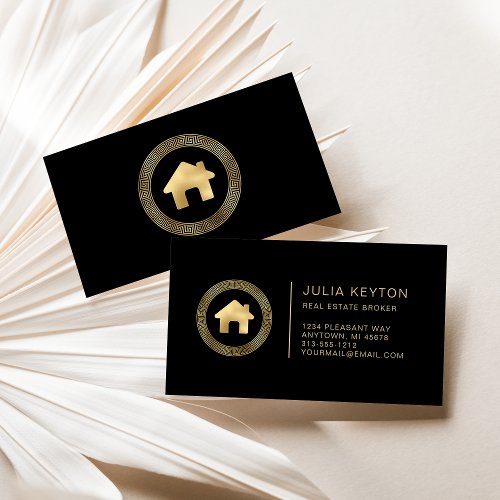 Real Estate House Logo Greek Key Frame Black Gold Business Card