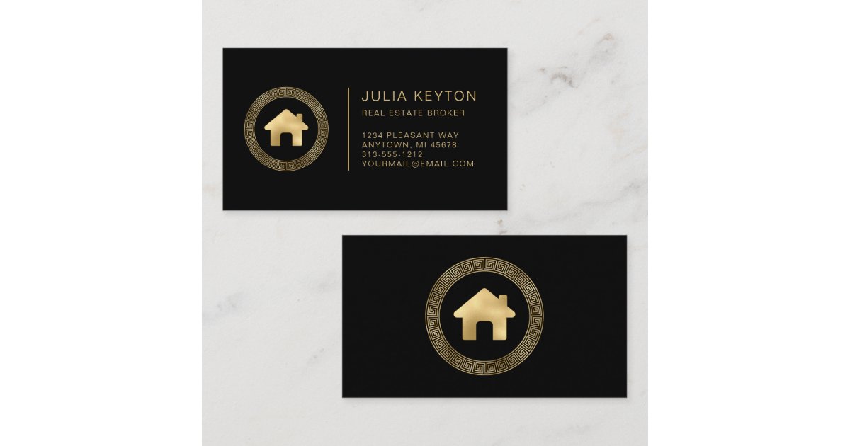 Real Estate House Logo Greek Key Frame Black Gold Business Card | Zazzle