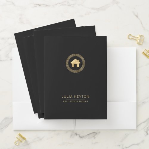 Real Estate House Logo Greek Key Frame Black Gold  Pocket Folder