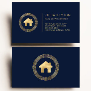 Real Estate House Logo Greek Key Frame Blue Gold Business Card