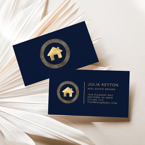 Real Estate House Logo Greek Key Frame Blue Gold Business Card