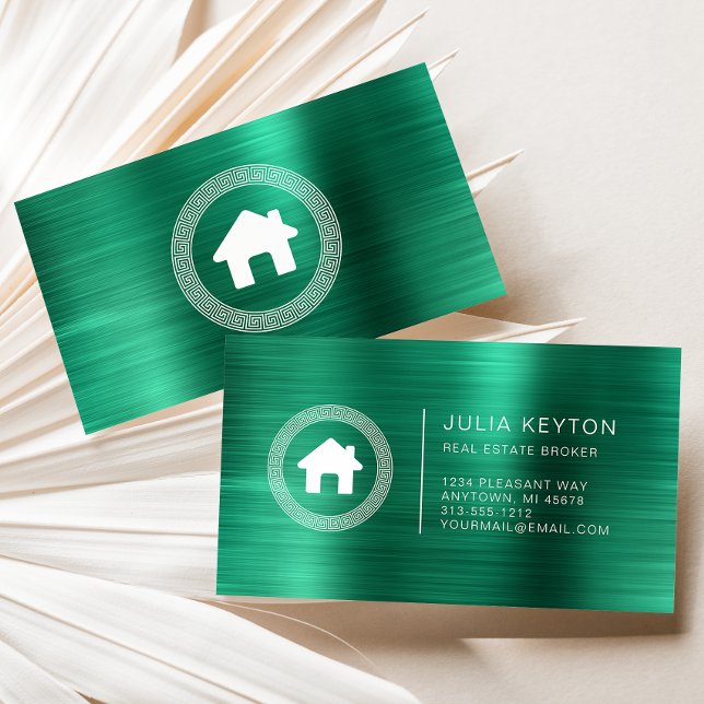 Real Estate House Logo Greek Key Frame Green Business Card (Creator Uploaded)