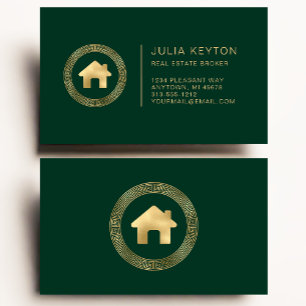 Real Estate House Logo Greek Key Frame Green Gold Business Card