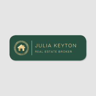 Real Estate House Logo Greek Key Frame Green Gold Name Tag