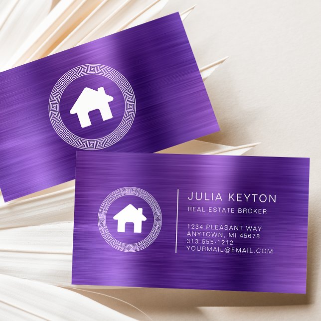 Real Estate House Logo Greek Key Frame Purple Business Card (Creator Uploaded)