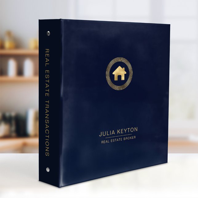 Real Estate House Logo Greek Key Navy Blue Gold 3 Ring Binder (Creator Uploaded)