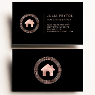 Real Estate House Logo Greek Key Rose Gold Black Business Card