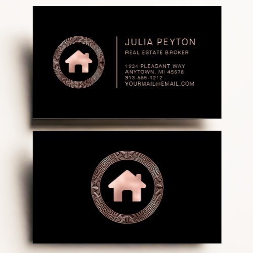 Real Estate House Logo Greek Key Rose Gold Black Business Card