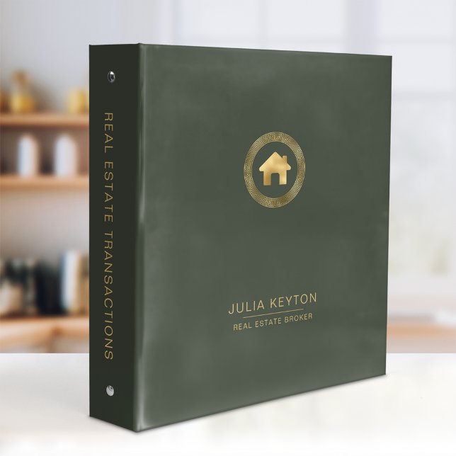 Real Estate House Logo Greek Key Sage Green Gold 3 Ring Binder (Creator Uploaded)