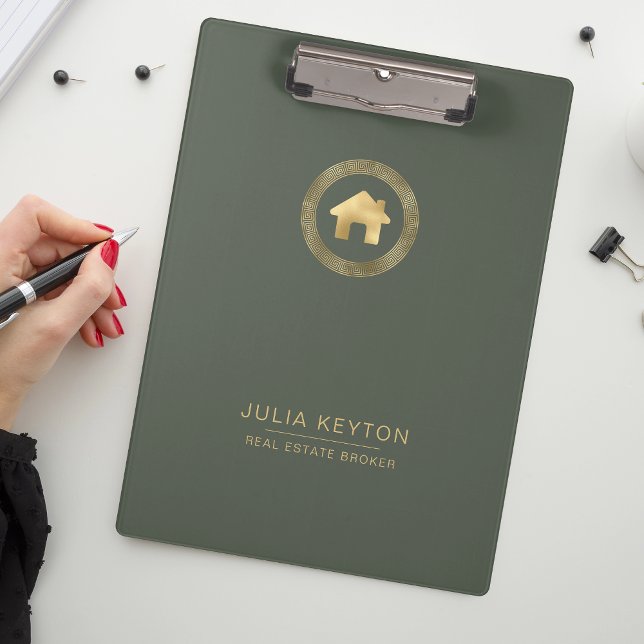 Real Estate House Logo Greek Key Sage Green Gold  Clipboard (Creator Uploaded)
