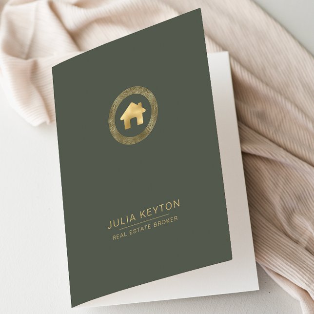 Real Estate House Logo Greek Key Sage Green Gold  Pocket Folder (Creator Uploaded)