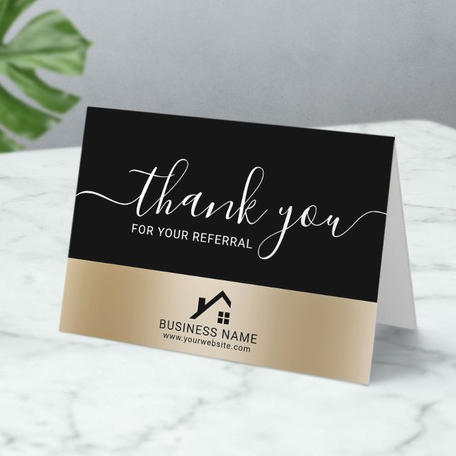 Real Estate House Logo Modern Black & Gold Realtor Thank You Card (Creator Uploaded)