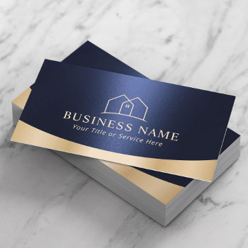 Real Estate House Logo Modern Navy Blue & Gold Business Card by cardfactory at Zazzle