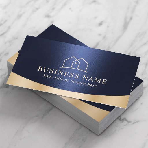 Customizable Real Estate House Logo Modern Navy Blue & Gold Business Card