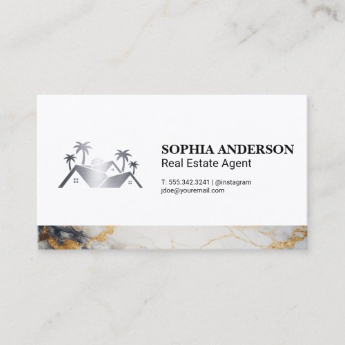 Real Estate House Metallic Logo  Marble Trim Business Card