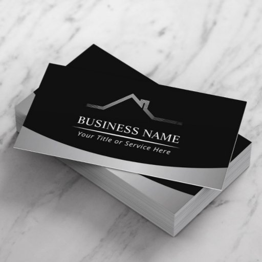 Customizable Real Estate House Roof Logo Modern Metallic Business Card