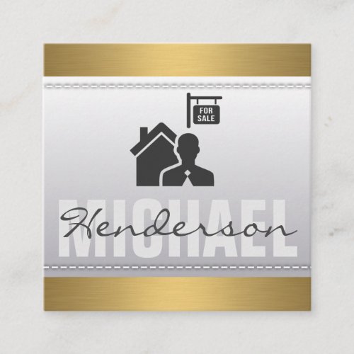 Real Estate Icon  Gold Metallic Trim  Stitched Square Business Card