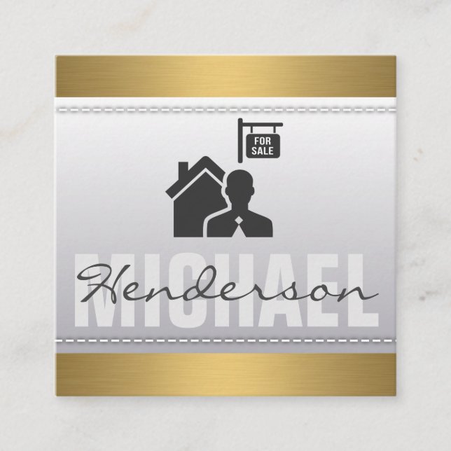 Real Estate Icon | Gold Metallic Trim | Stitched Square Business Card (Front)