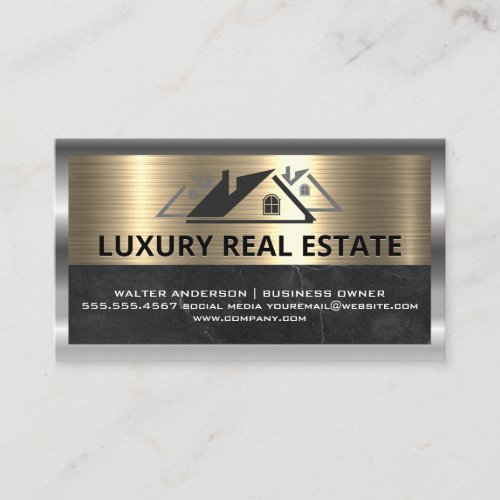 Real Estate Icon  Metallic Gold and Silver Business Card