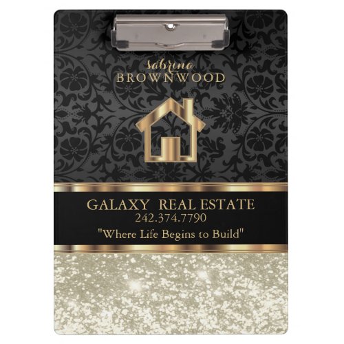 Real Estate _ Ivory Glitter and Black Damask  Clip Clipboard