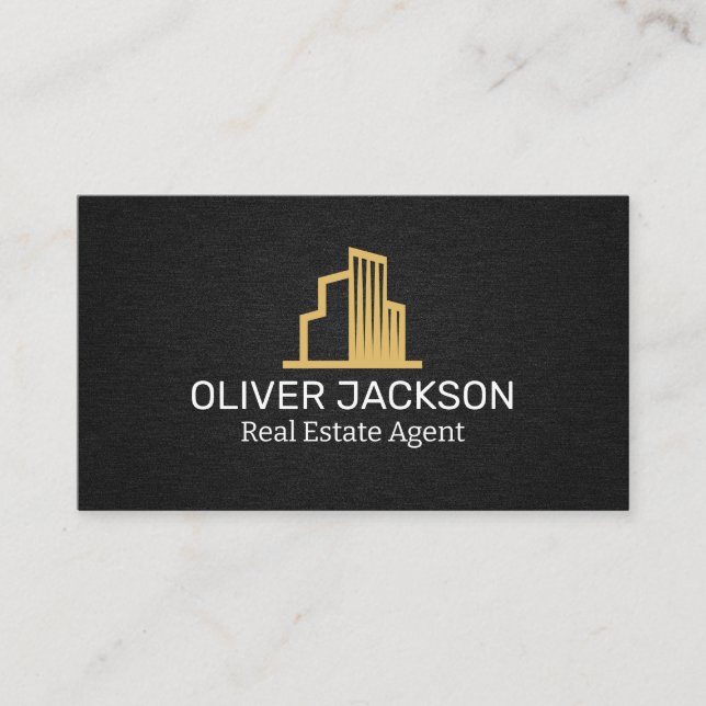 Real Estate Logo | Black Linen Background Business Card (Front)