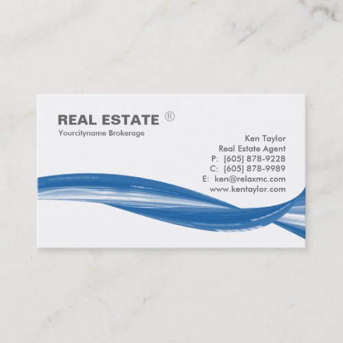 Real Estate Logo Blue Swoosh Modern White Business Card