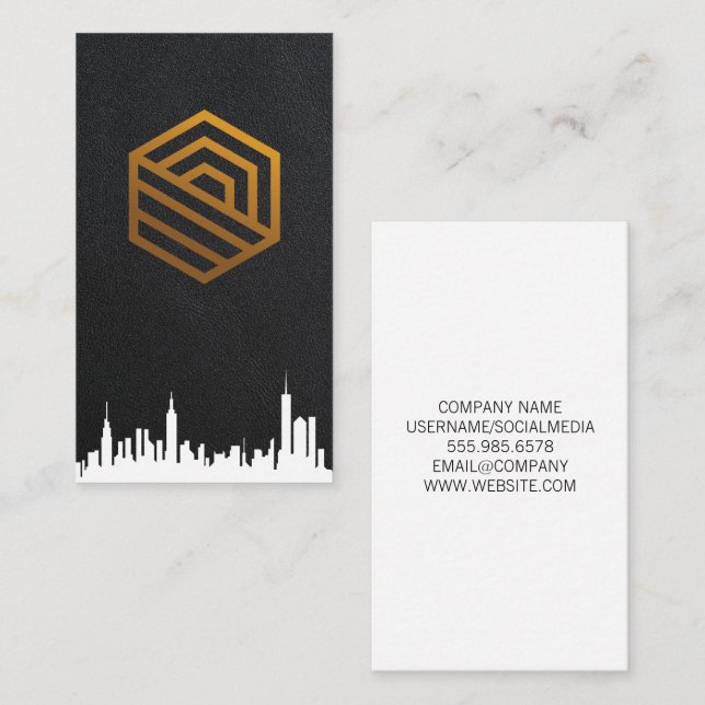 Real Estate Logo | CitySkyline | Leather Backgroun Business Card (Front/Back)