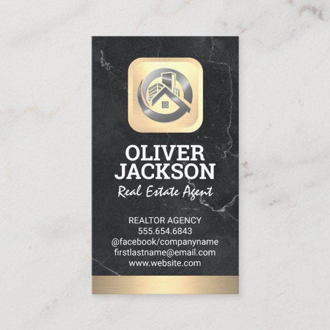 Real Estate Logo | Gold | Marble Business Card (Front)