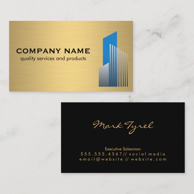Real Estate Logo | Gold Metal Background Business Card (Front/Back)