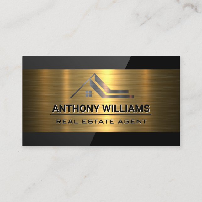 Real Estate Logo | Gold Metallic | Black Gloss Business Card (Front)