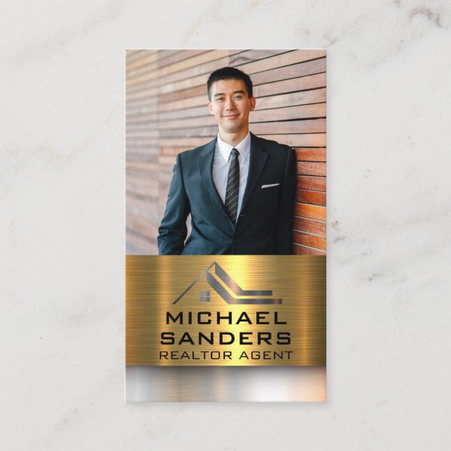 Real Estate Logo | Gold Silver Metallic Business Card (Front)