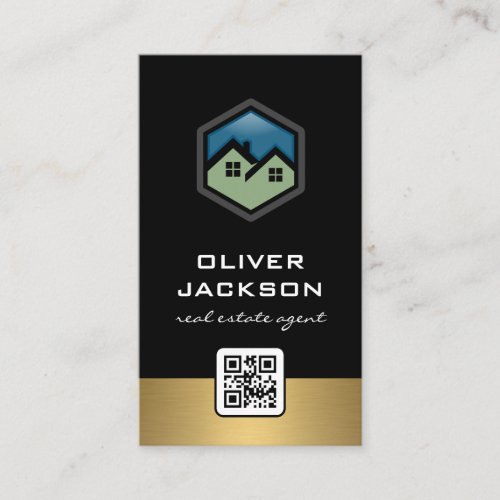 Real Estate Logo  Gold Trim  QR Barcode Business Card