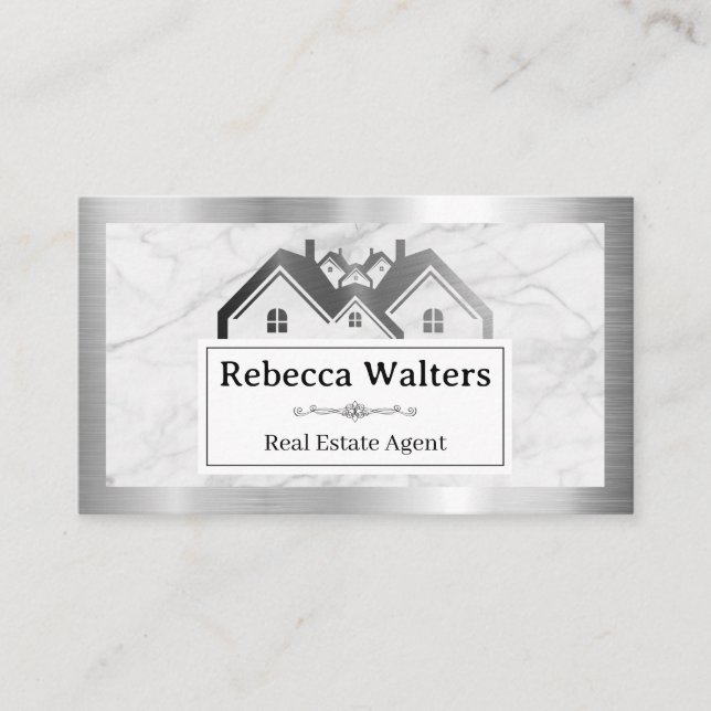Real Estate Logo | Metallic Frame | Marble Business Card (Front)