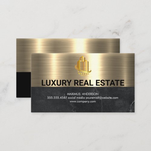 Real Estate Logo  Metallic Gold Black Marble Business Card