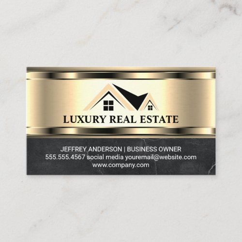 Real Estate Logo  Metallic Gold Marble  Business Card