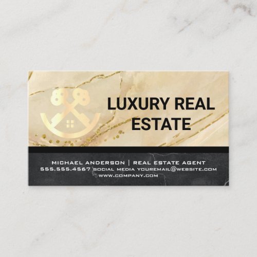 Real Estate Logo  Metallic Gold Marble  Business Card