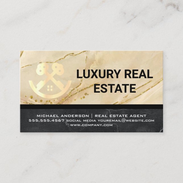 Real Estate Logo | Metallic Gold Marble  Business Card (Front)