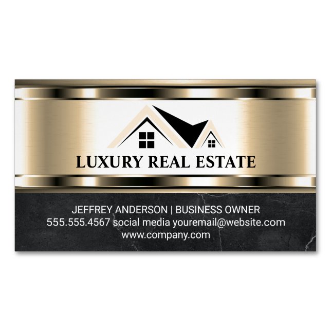 Real Estate Logo | Metallic Gold Marble  Business Card Magnet (Front)