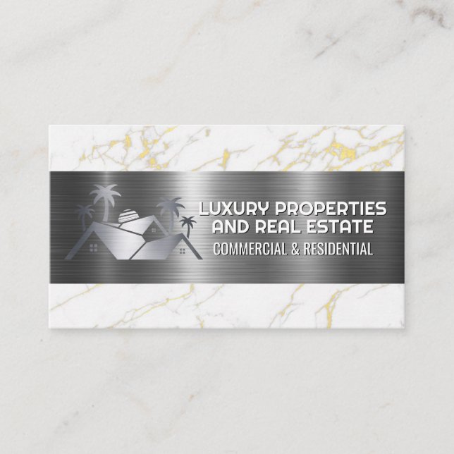 Real Estate Logo | Metallic Marble Business Card (Front)
