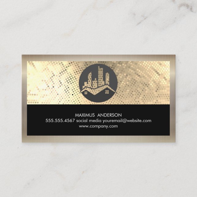 Real Estate Logo Sequin Gold Metallic Business Card (Front)