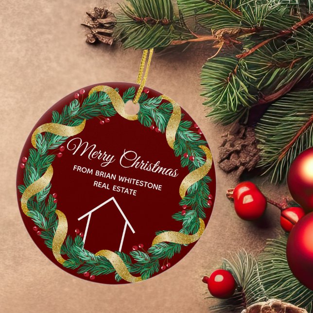 Real Estate Merry Christmas Personalized Red Ceramic Ornament (Creator Uploaded)