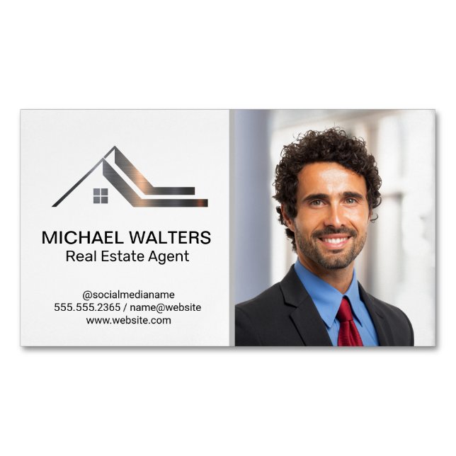 Real Estate Metallic Logo | Business Man Business Card Magnet (Front)