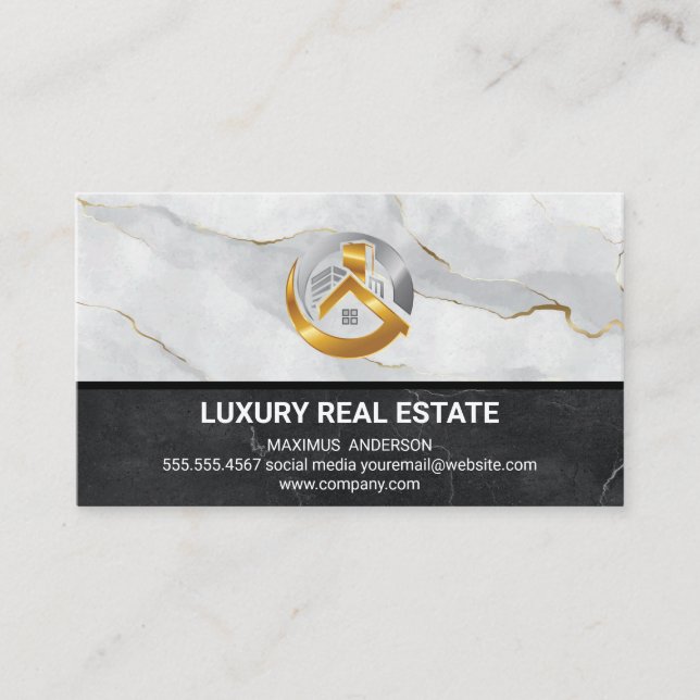 Real Estate Metallic Logo | Marble Business Card (Front)