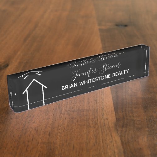 Real Estate Modern Black White Custom Realty Desk Name Plate