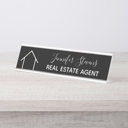 Real Estate Modern Black White Minimalist Realtor Desk Name Plate